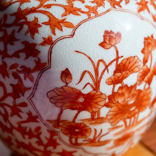 Load image into Gallery viewer, Macro photo of handpainted orange flowers on white Japanese porcelain vase.
