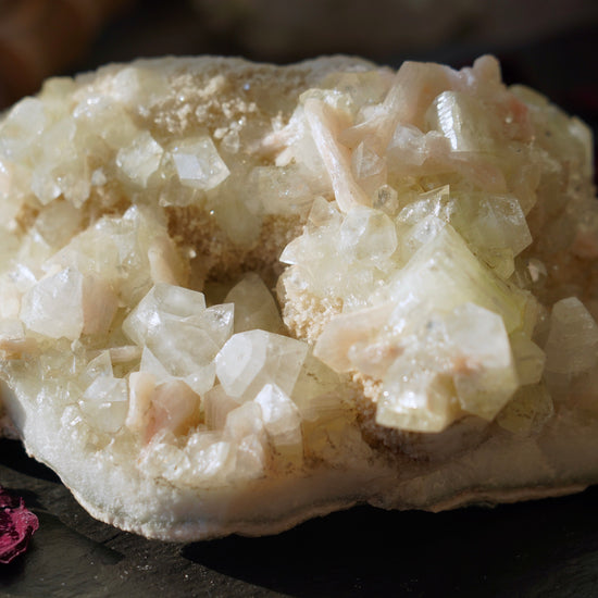 Load image into Gallery viewer, Large Green Apophyllite Peach Stilbite Left Side

